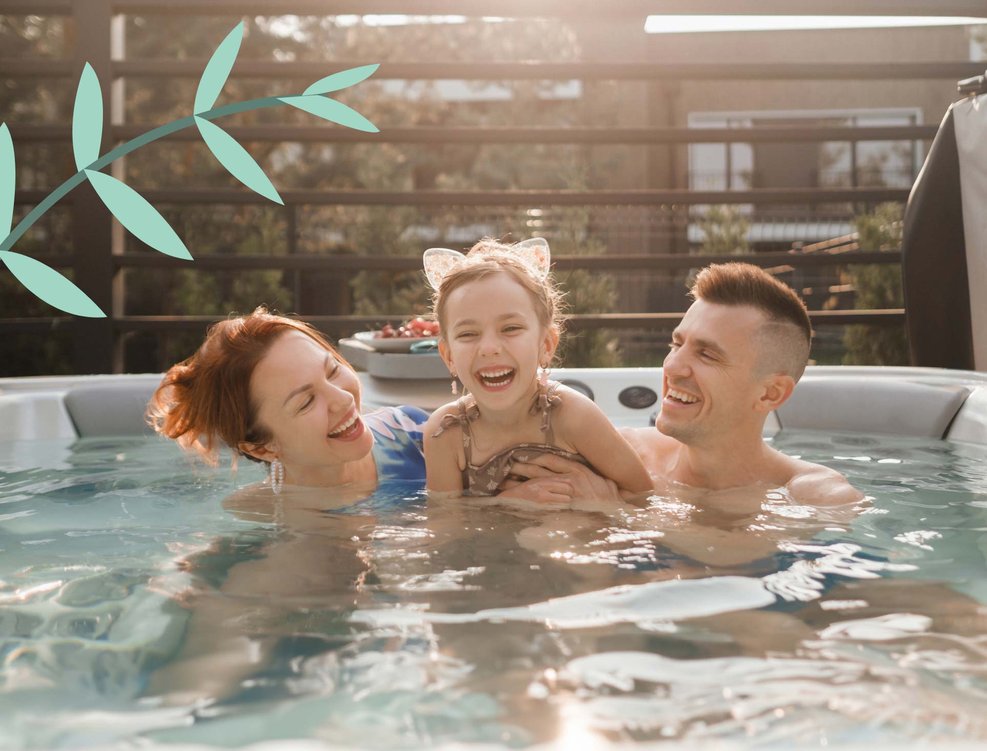 A smiling family enjoying a warm soak in a hot tub. A mother, father, and their young daughter, who is wearing cat-ear headbands, share a joyful moment together.