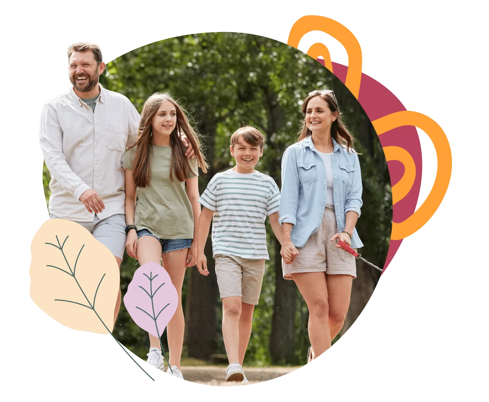 Happy family walking together with their dog on a woodland path at Meadow Bay Villages’ Billing Aquadrome, surrounded by nature-inspired graphics