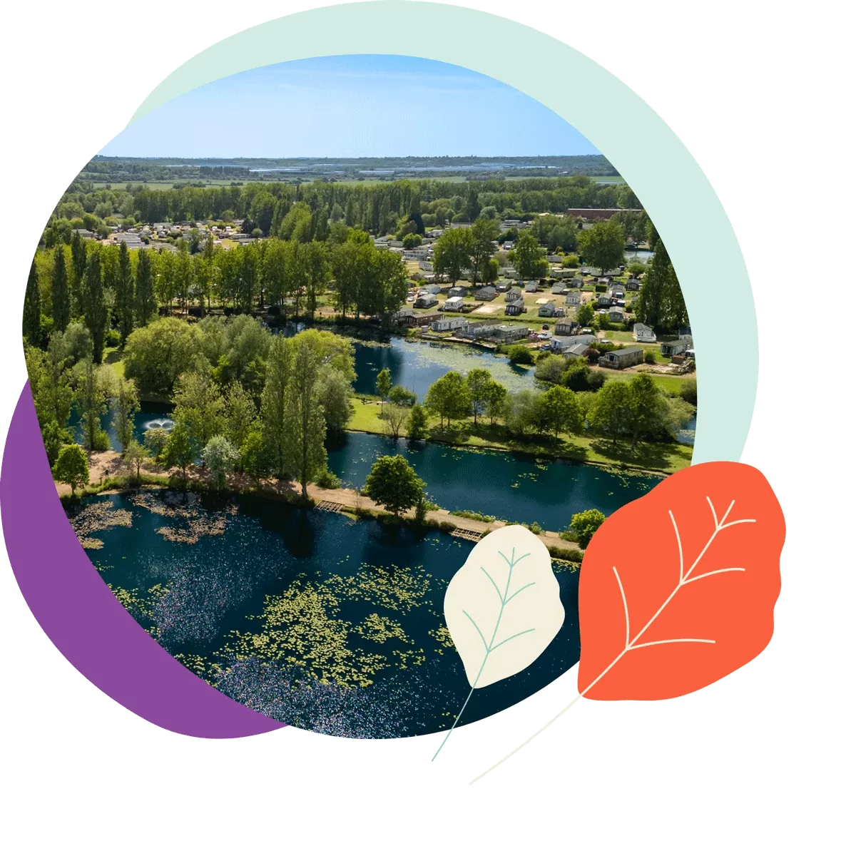 Aerial view of Meadow Bay Villages at Billing Aquadrome showing lakes, trees, and static caravans surrounded by greenery
