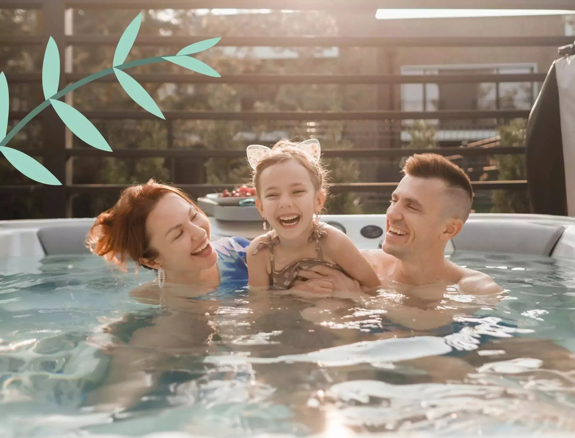 Happy family laughing and relaxing together in a private hot tub at a Meadow Bay Villages lodge at Billing Aquadrome holiday park