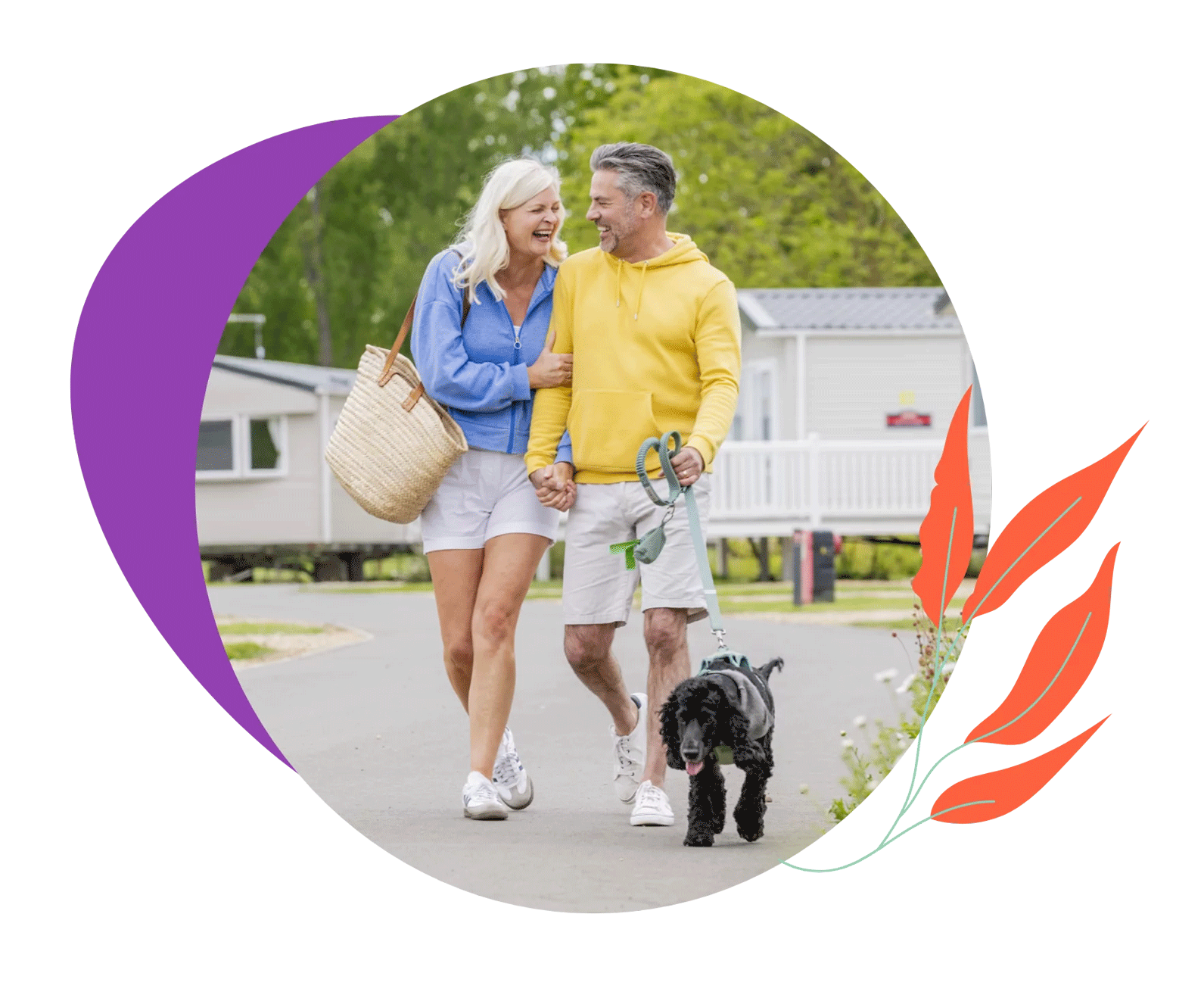 Happy couple walking their dog together at Meadow Bay Villages, showcasing the pet-friendly atmosphere and relaxed lifestyle.