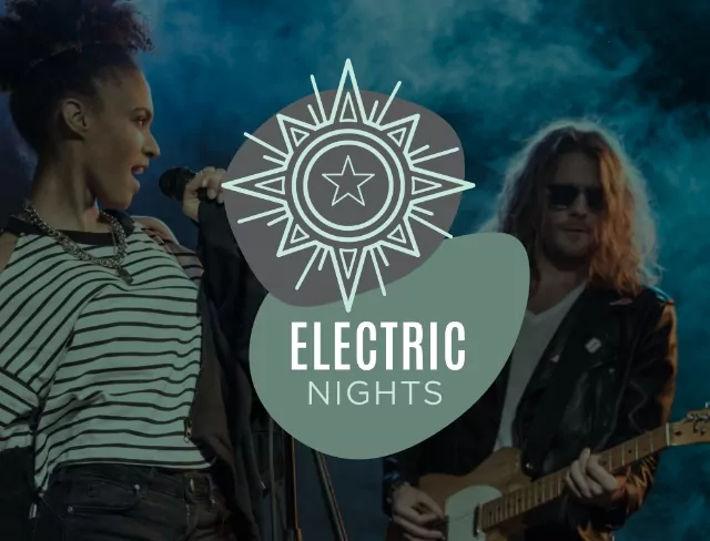 Vibrant scene of DJs and live bands performing under electric lights during a lively music event.
