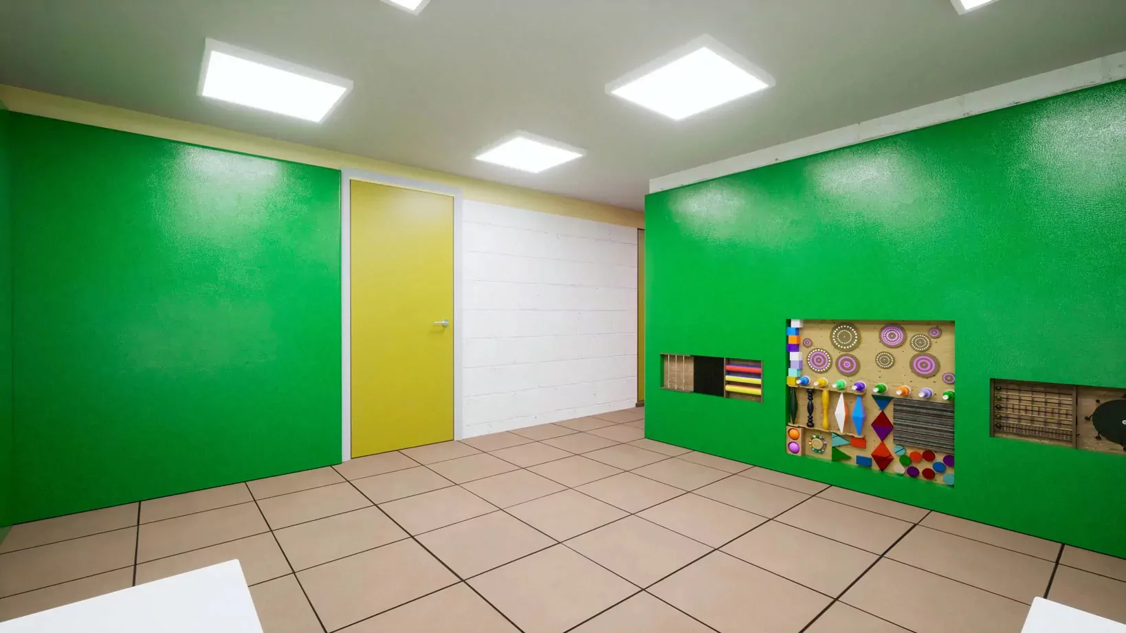 Green-walled sensory space with colourful tactile activity panels designed for interactive learning and stimulation