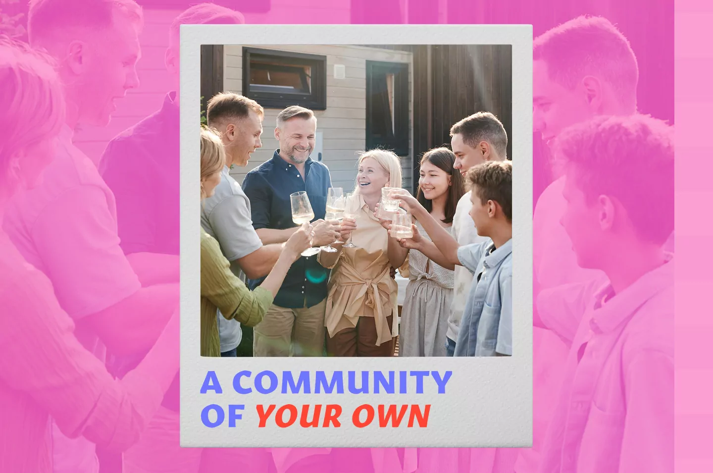 A smiling group of holiday home owners raising glasses for a toast outside a lodge, celebrating the friendly neighborhood community at Billing Aquadrome