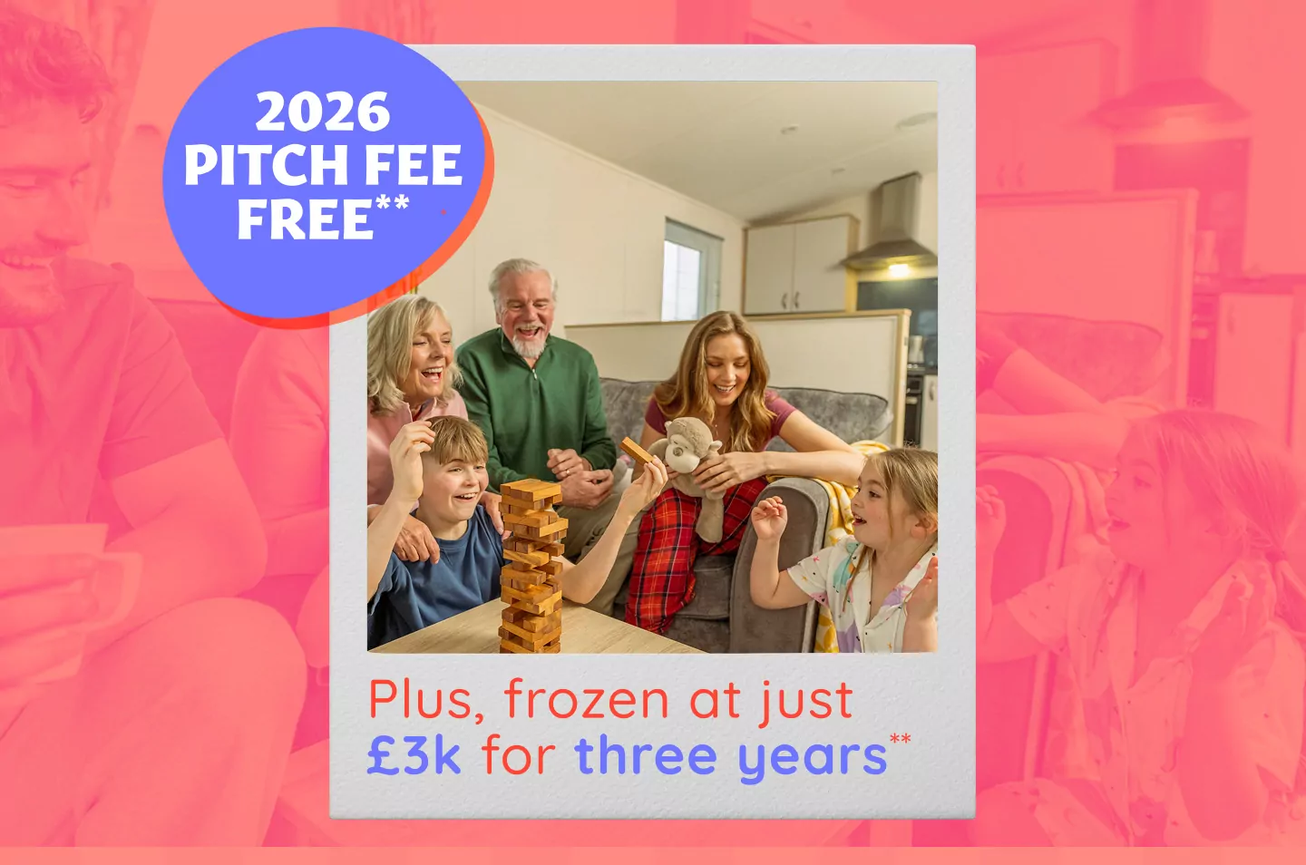 A happy multi-generational family playing a wooden block game inside a modern caravan, highlighting static caravan ownership offers at Billing Aquadrome