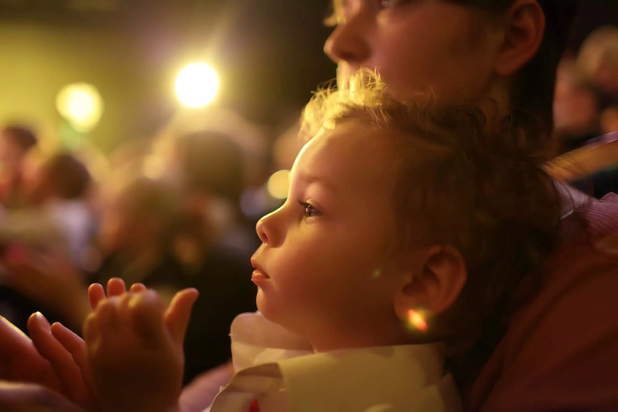 Young child captivated by the show during evening entertainment at Meadow Bay Villages' Golden Leas, seated with a parent and watching the stage in wonder.