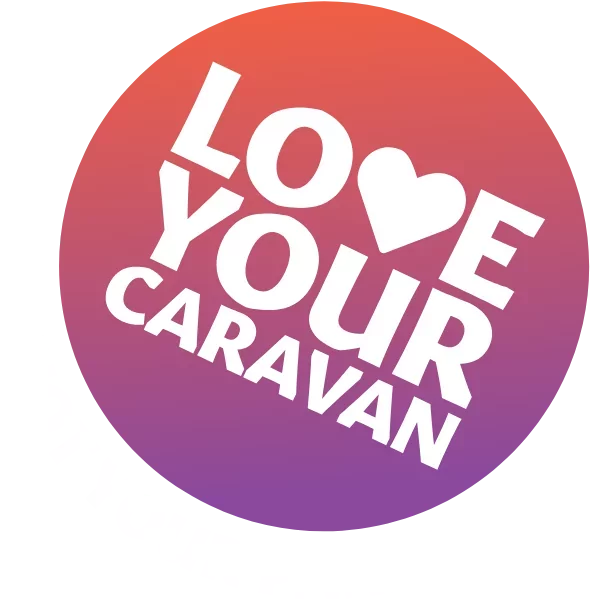 Love Your Caravan promotional sticker in pink and purple gradient with heart-shaped design, used in Meadow Bay Villages marketing.