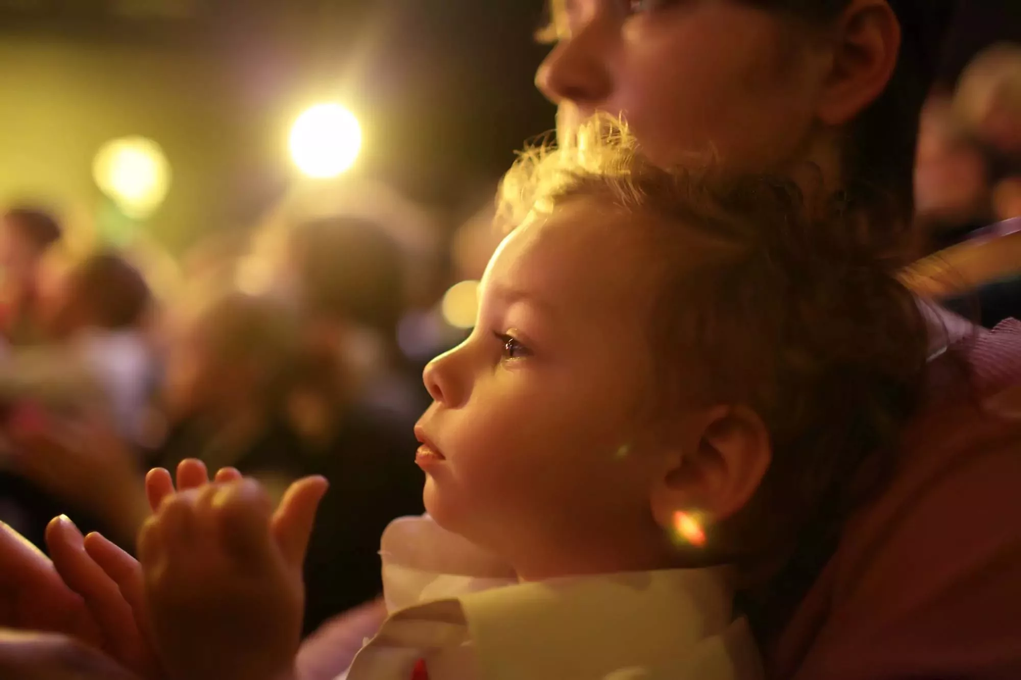 Young child captivated by the show during evening entertainment at Meadow Bay Villages' Golden Leas, seated with a parent and watching the stage in wonder.