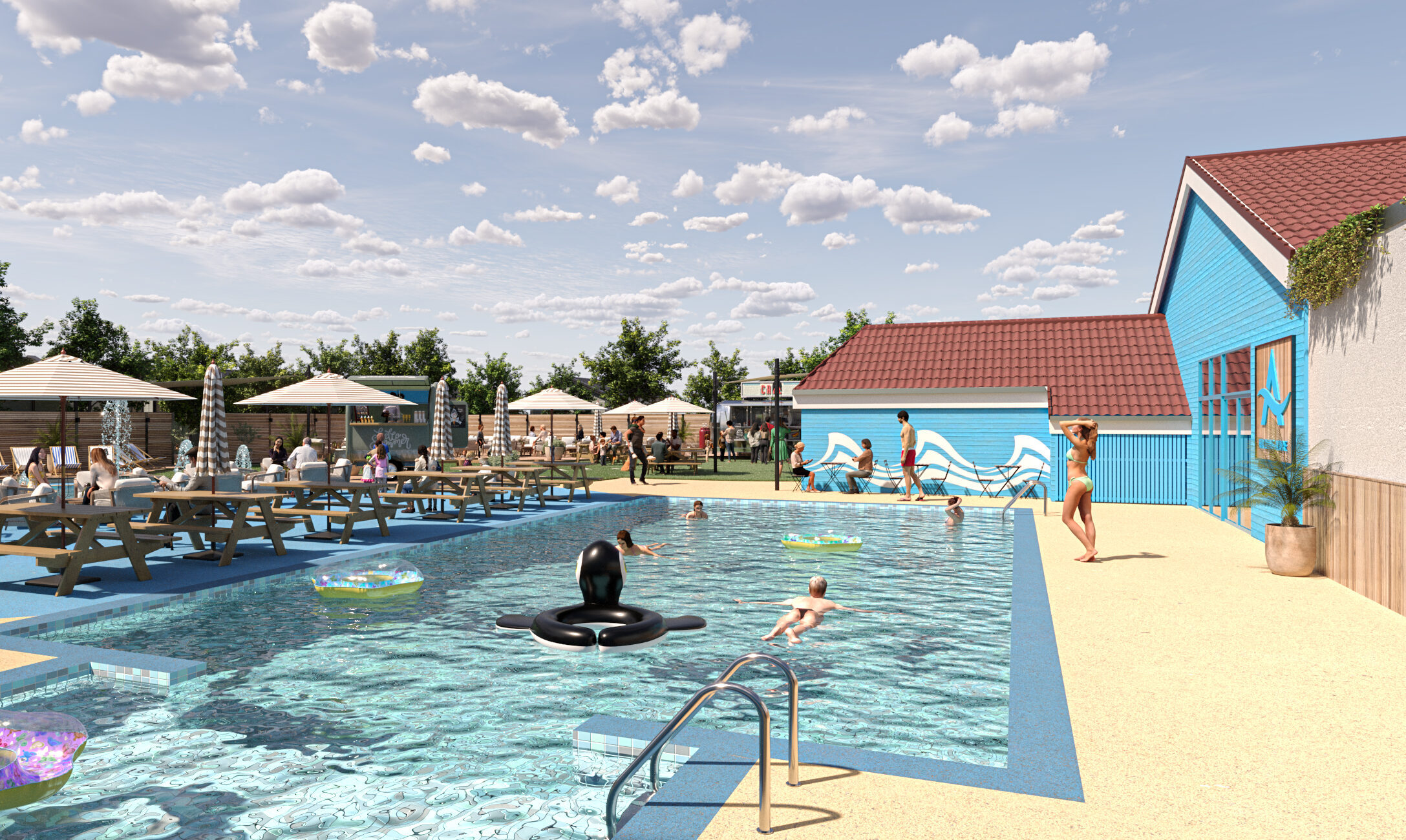 A vibrant outdoor swimming pool area with people enjoying the water and sun-drenched picnic tables Hayling Island