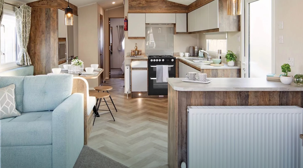 Stylish gold-grade caravan at Hayling Island with a bright open-plan kitchen and lounge.