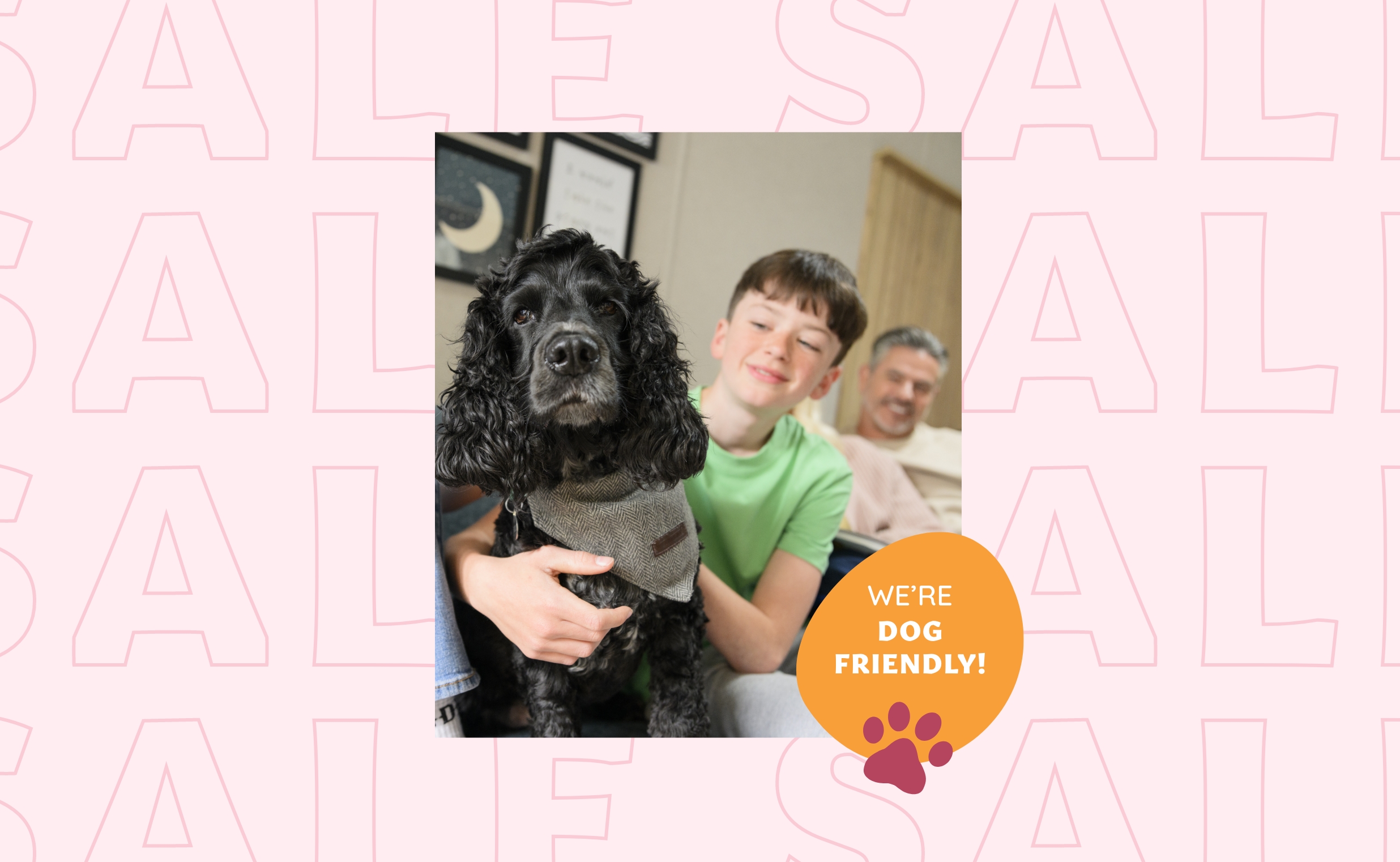 A boy smiles with his black spaniel dog inside a holiday home, highlighting dog-friendly breaks at Meadow Bay Villages Hayling Island.