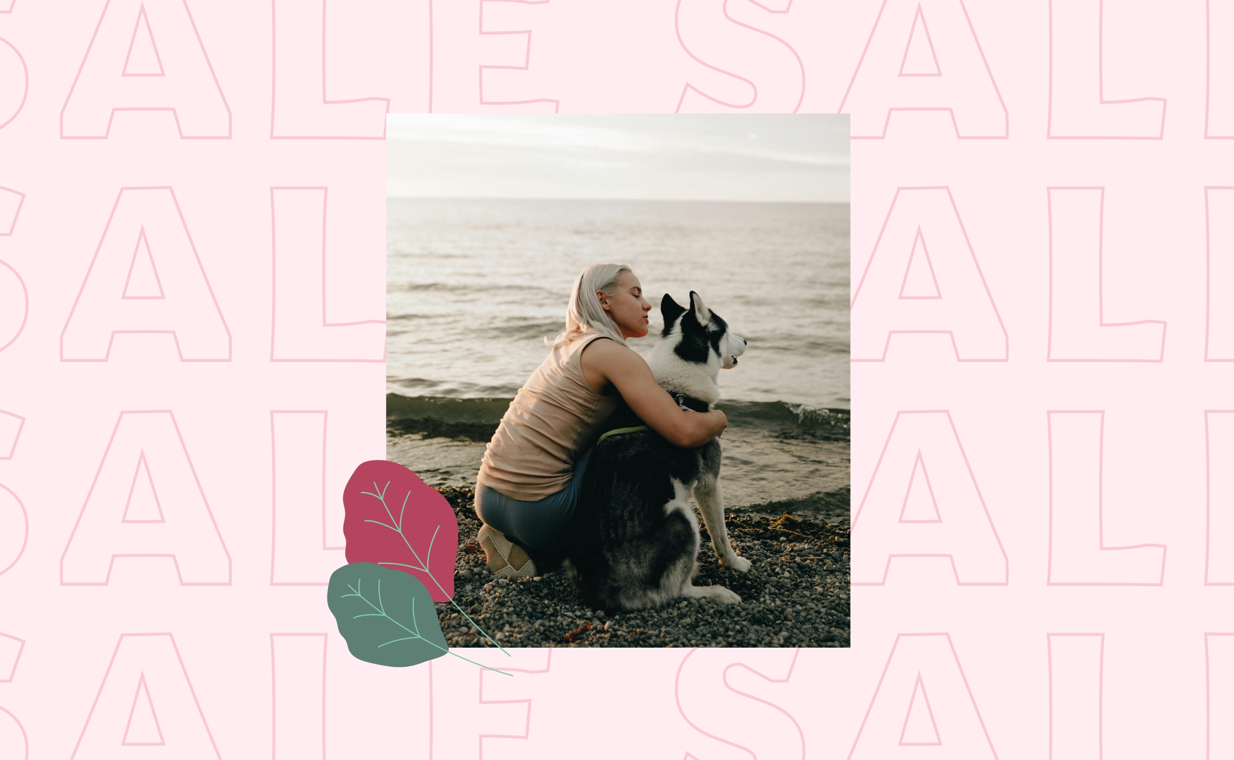 Woman embracing her Husky dog on the shingle beach at sunset, Hayling Island