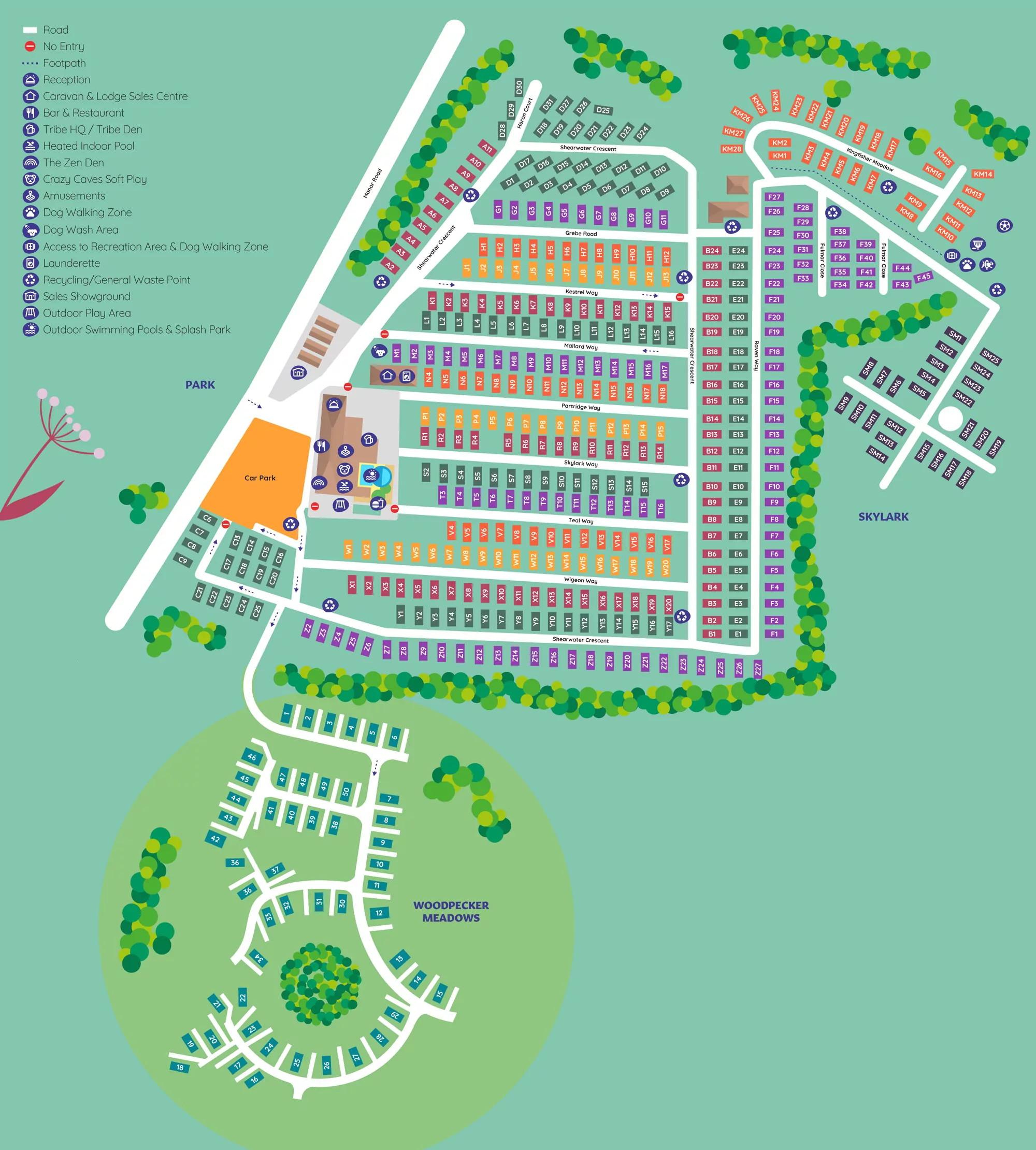Holiday park site map with accommodation, amenities and facilities guide, Hayling Island