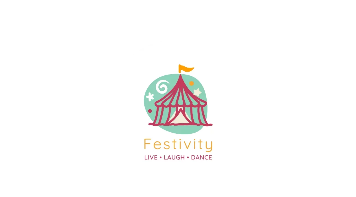 Festivity Live Laugh Dance logo featuring a colourful circus tent with a yellow flag on top, representing vibrant entertainment and celebrations at Hayling Island.