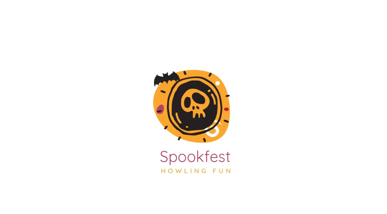 Spookfest Howling Fun logo featuring a cartoon skull inside an orange circle with a bat illustration, promoting the Hayling Island Halloween event.