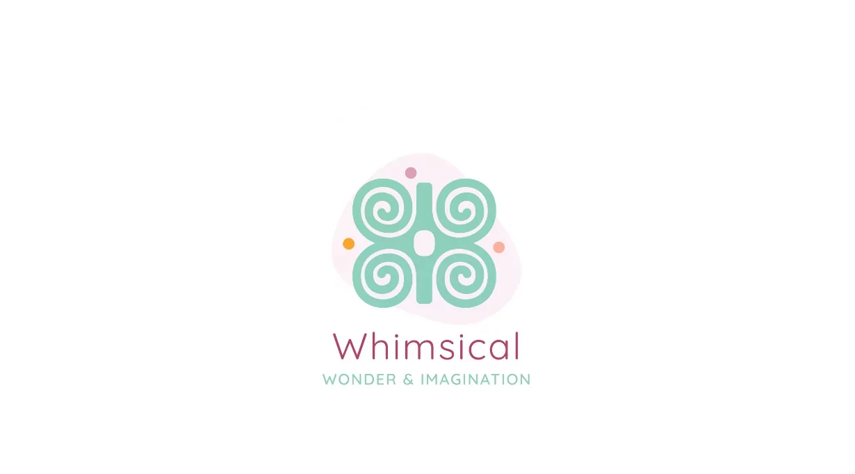 Whimsical logo with a soft pink background and four teal spiral shapes, symbolising creativity, wonder, and imagination at Hayling Island.