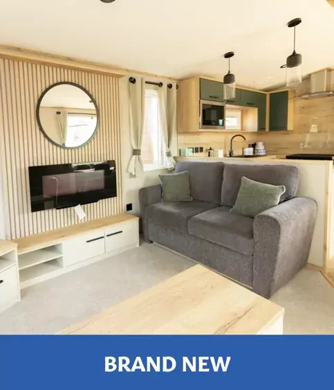 A modern and stylish "Brand New" holiday home interior, featuring a grey sofa, light wood and white furnishings, a mounted TV, and a kitchen area with green cabinetry, Hayling Island.