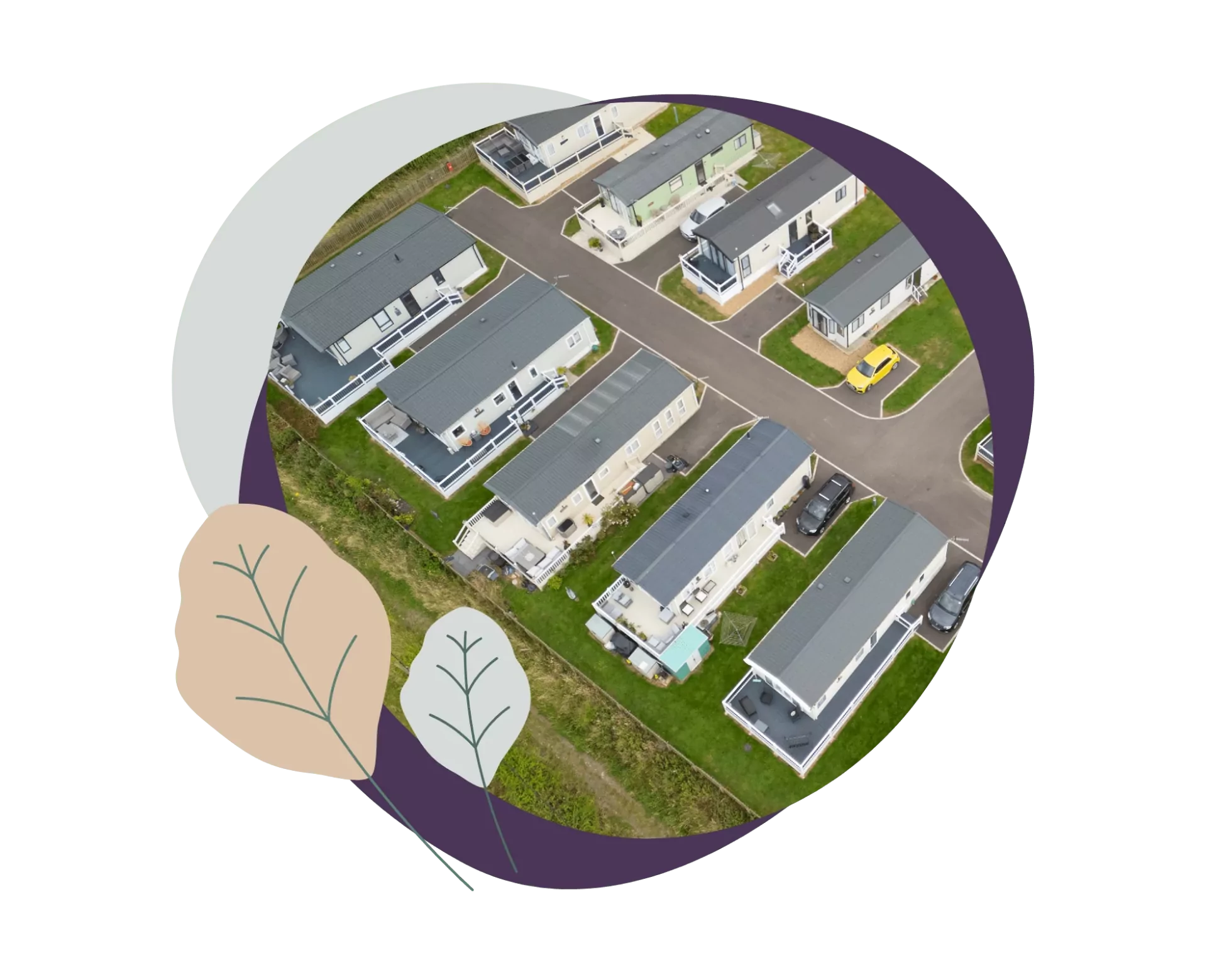 Stylised aerial view of modern static holiday homes at Hollybush Farm, part of Meadow Bay Villages.
