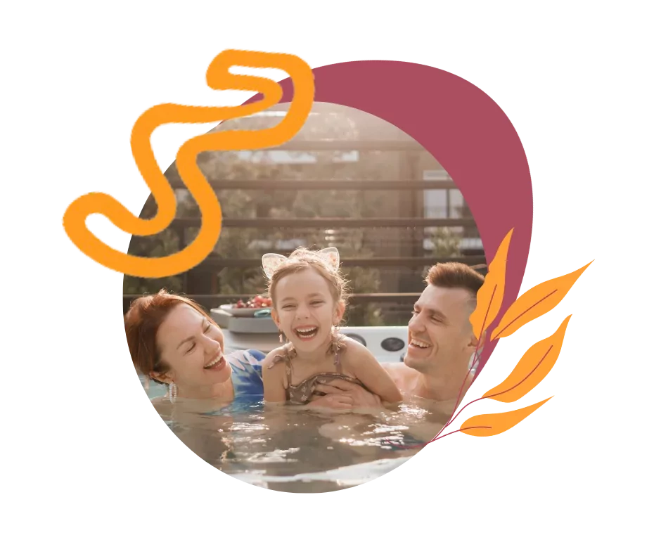 Smiling family with young daughter enjoying time together in a hot tub at Meadow Bay Villages, surrounded by playful graphic accents.