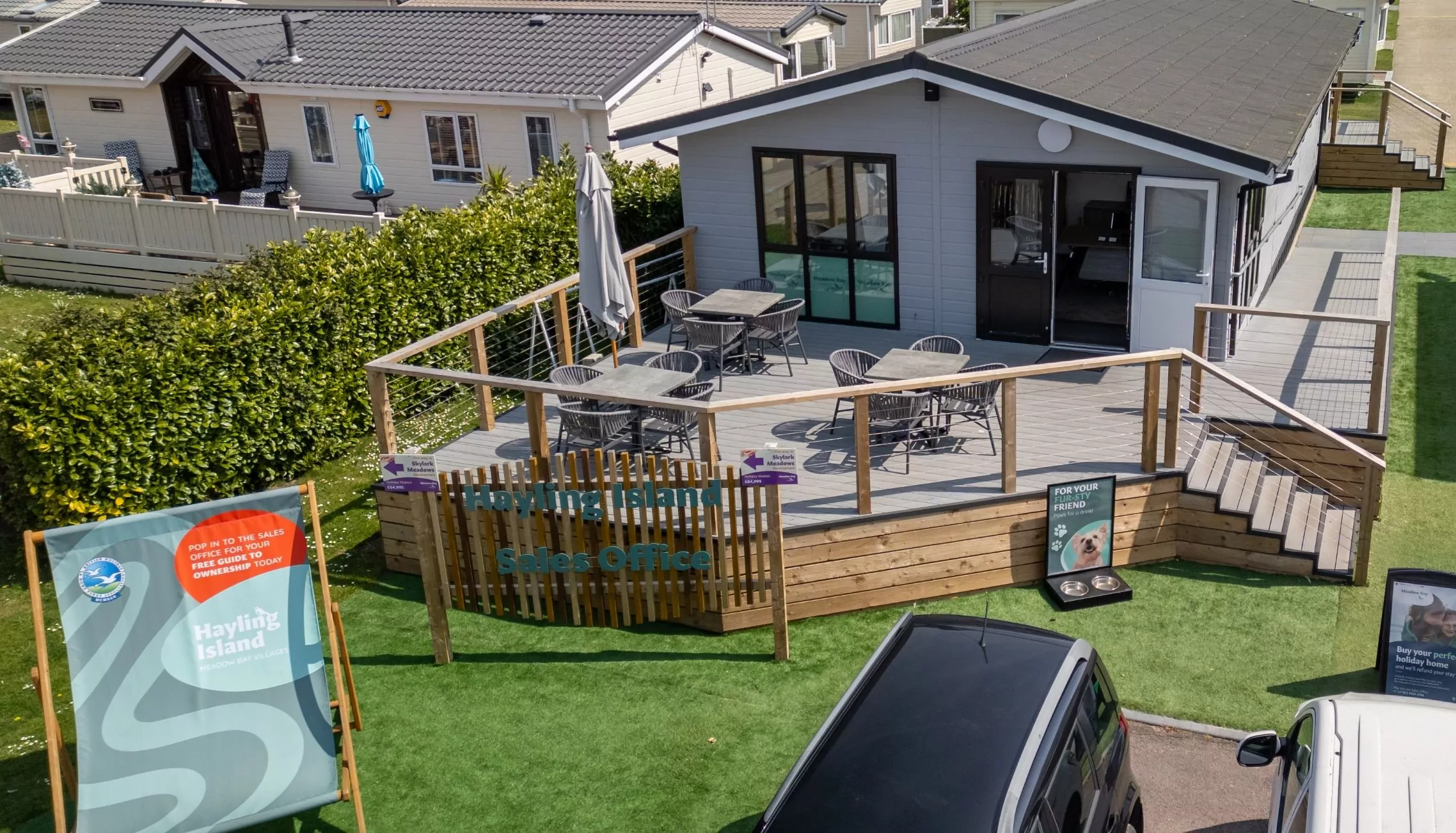 Exterior view of the Hayling Island sales office showcasing holiday home ownership facilities at Meadow Bay Villages