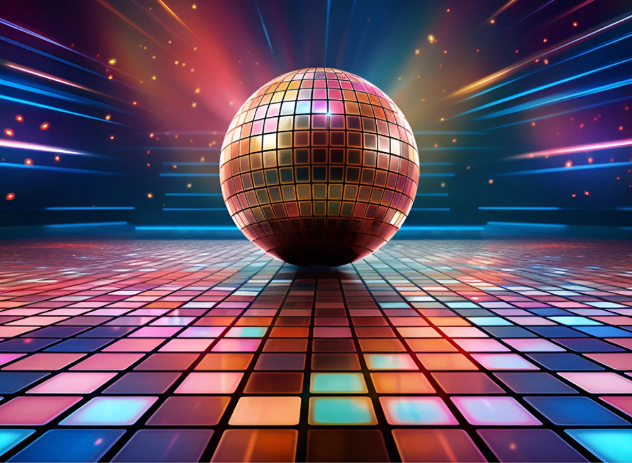 Retro disco ball glowing above a colourful dance floor for a throwback music festival experience, Meadow Bay Villages