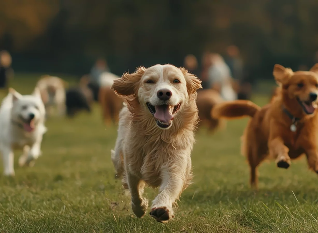 Happy dogs running freely across open grass during a dog-friendly outdoor play session, Meadow Bay Villages