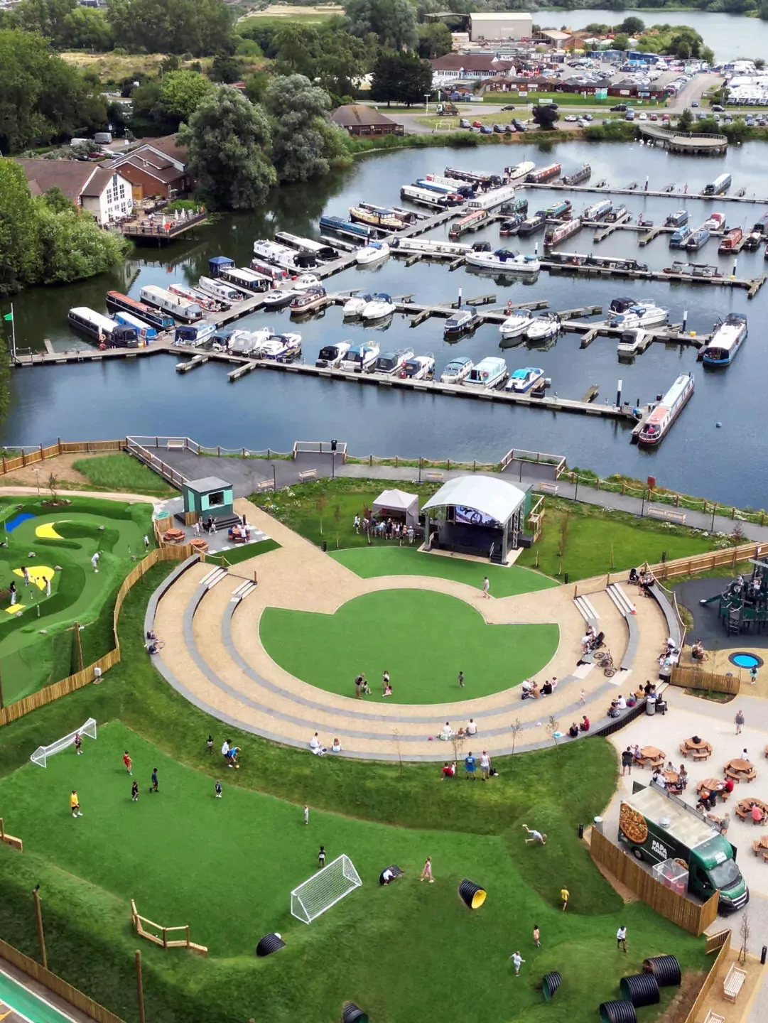 Aerial view of the marina, adventure golf, outdoor entertainment area and family facilities at Billing Aquadrome